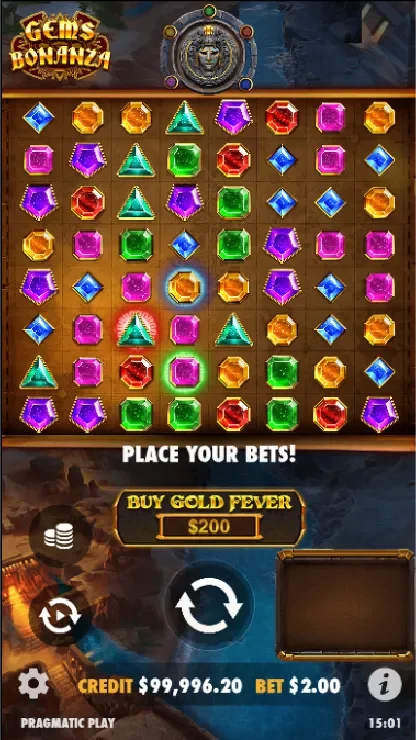 Prévia da interface mobile de Gems Bonanza com grade de gemas