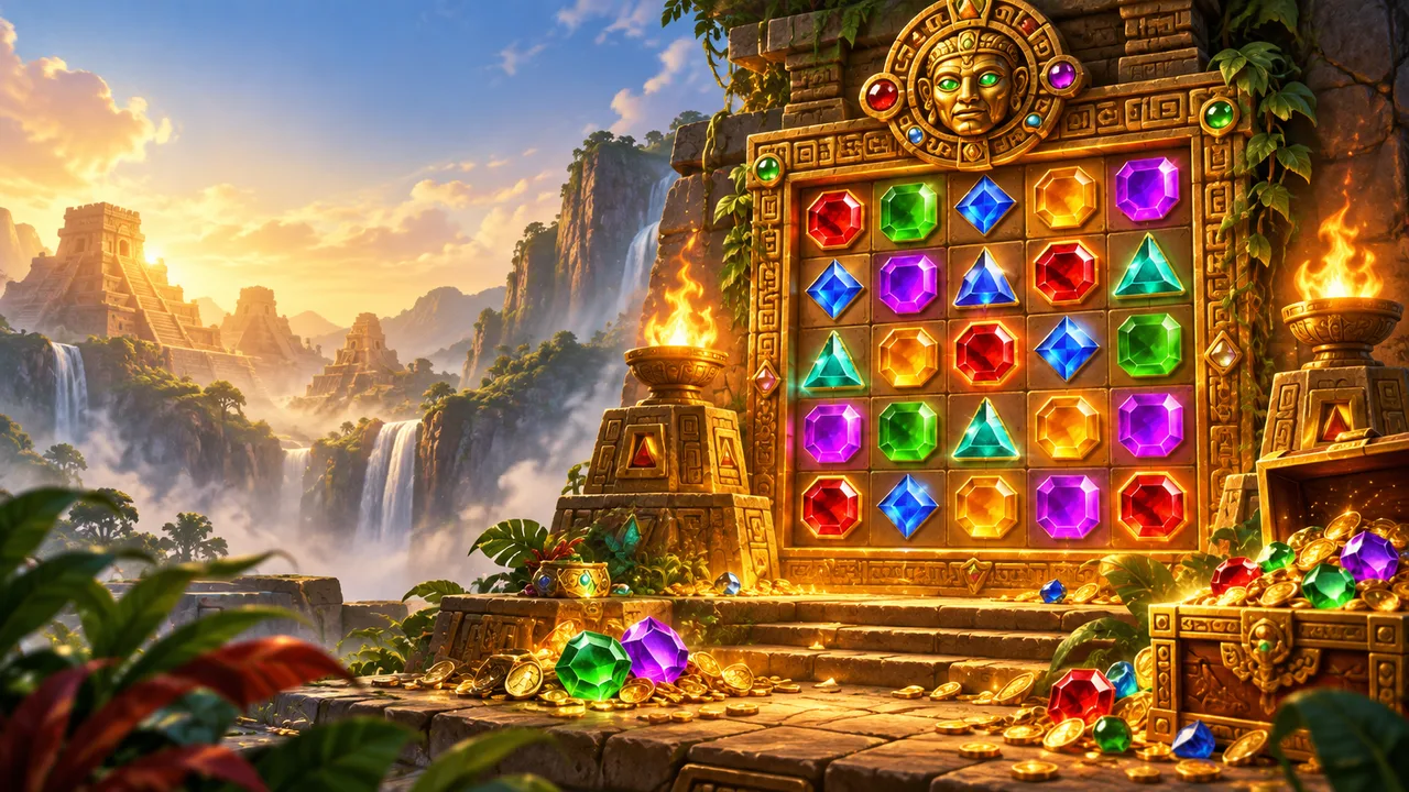 Templo antigo com grade 8×8 de gemas brilhantes no slot Gems Bonanza